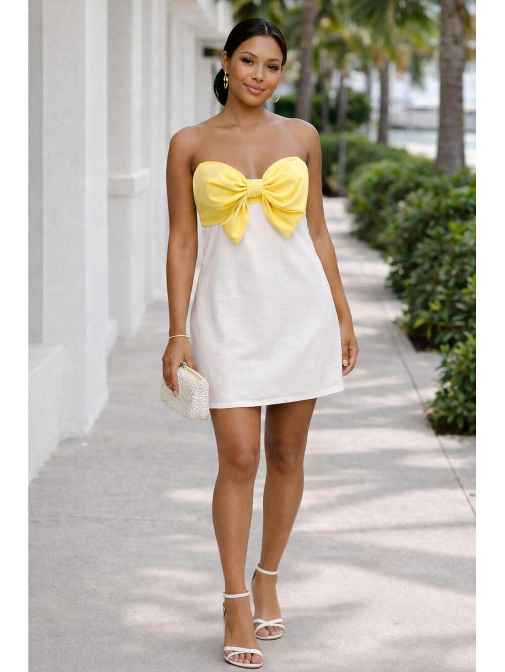 Le Lis Colorblock Mini Dress Yellow White Bow Front Spaghetti Strap Size M Summe